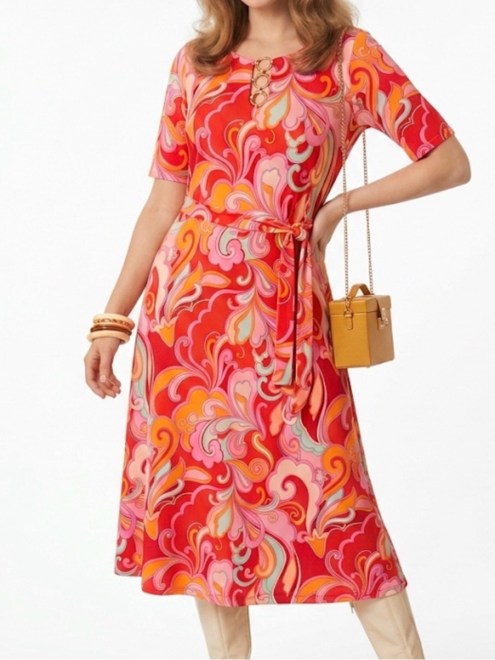 MSK Red Swirl Print Midi Dress with Waist Tie